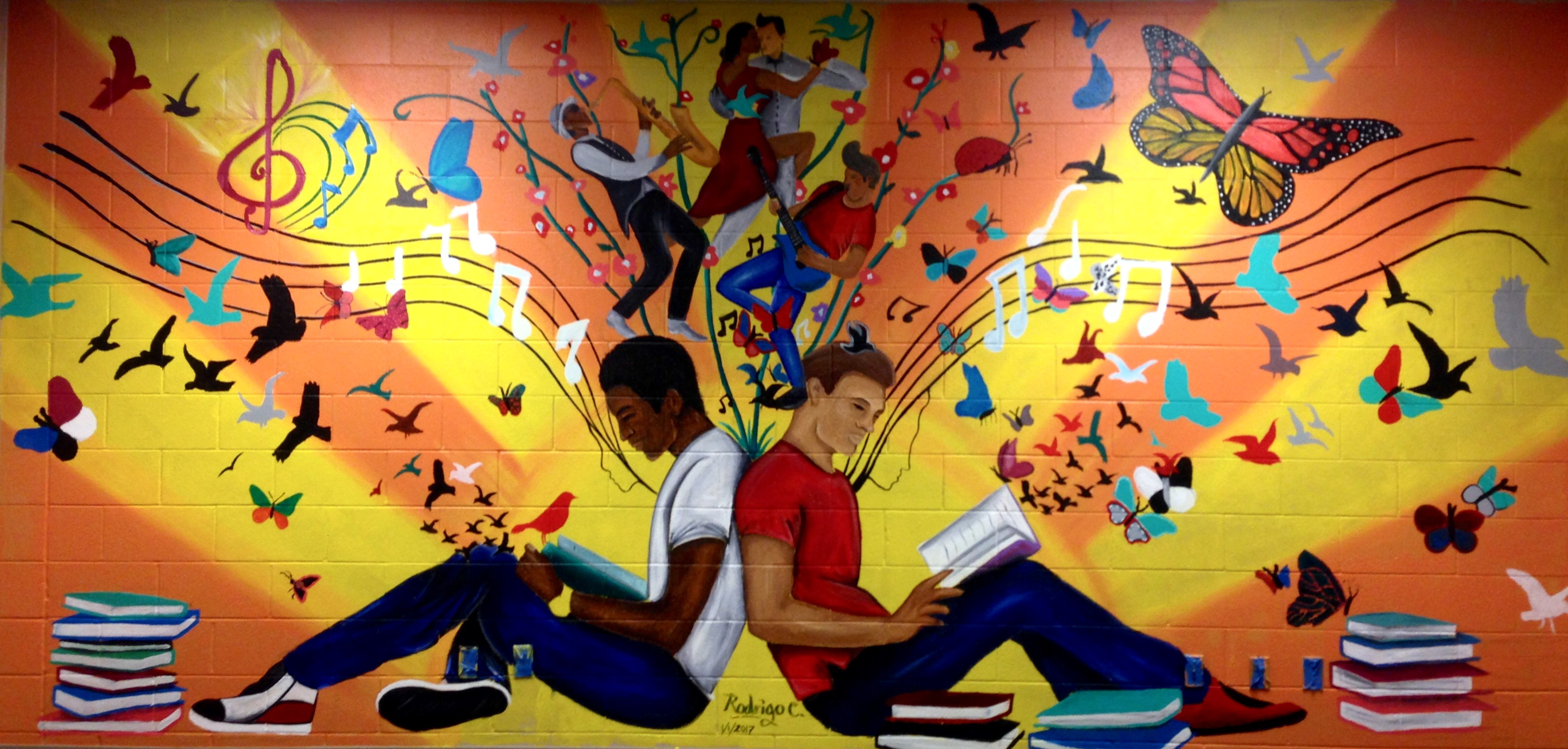 Madison Public Library's Bubbler Making Justice "Sunny Horizons" mural residency with Rodrigo Carapia