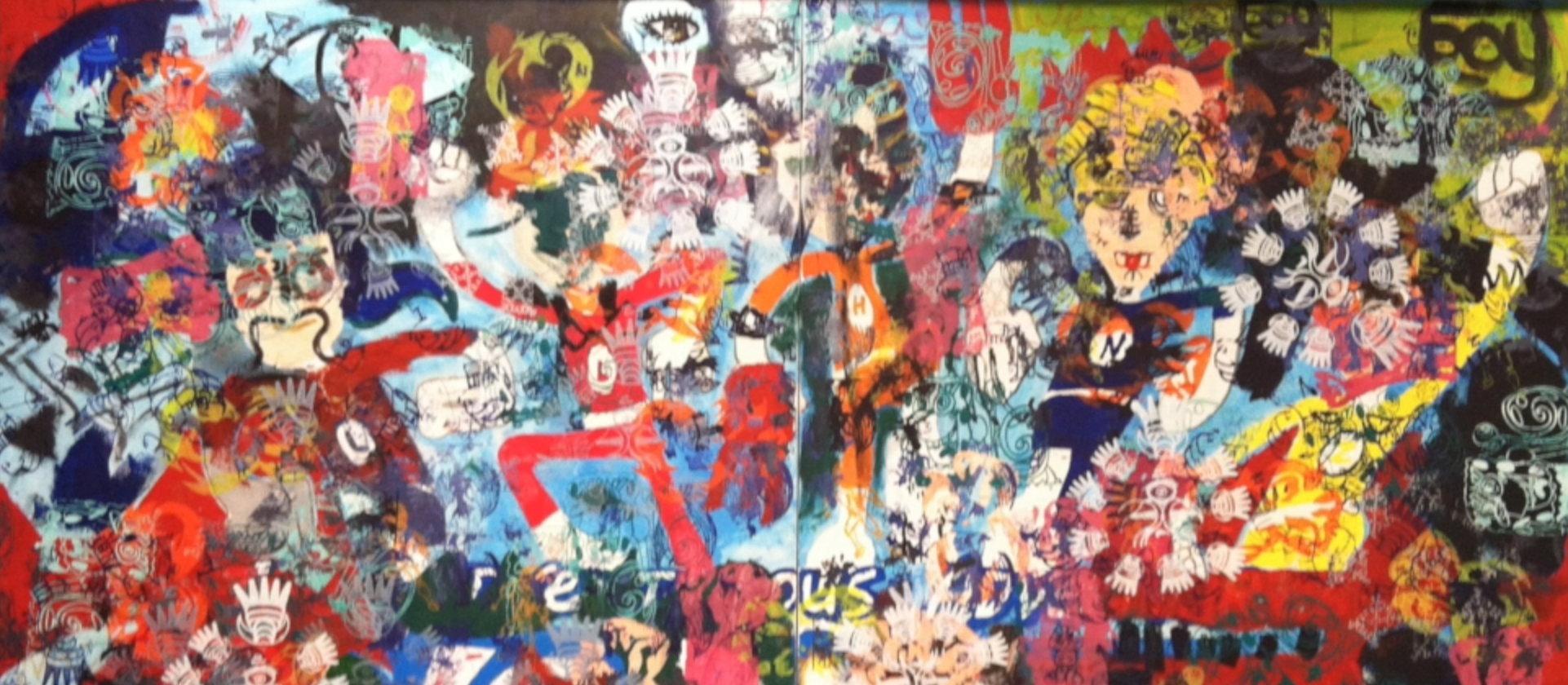 Picture of screen printed collage mural by Lance Owens at teens in south Madison