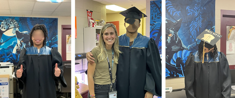 Picture of Jail students posing for graduation pictures wearing their new Metro Panthers gown, in front of the Metro Panthers classroom mascot mural.