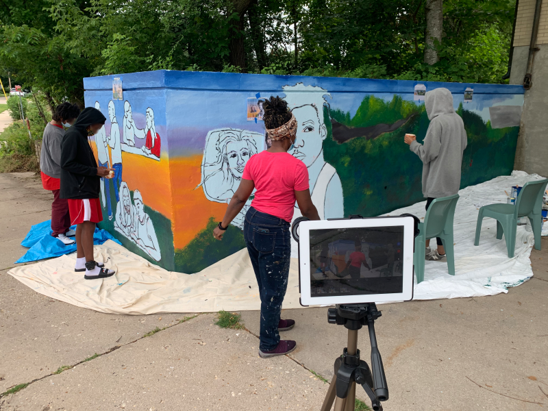 Madison Public Library's Bubbler Making Justice mural residency at Juvenile Court Shelter Home with Emida Roller and Shiloah Coley