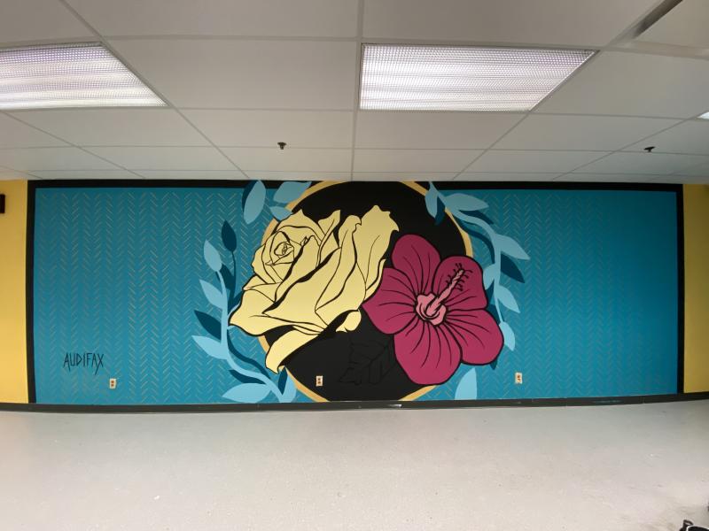 "Bloom" cafeteria mural by Audifax and youth in Youth Justice & Prevention