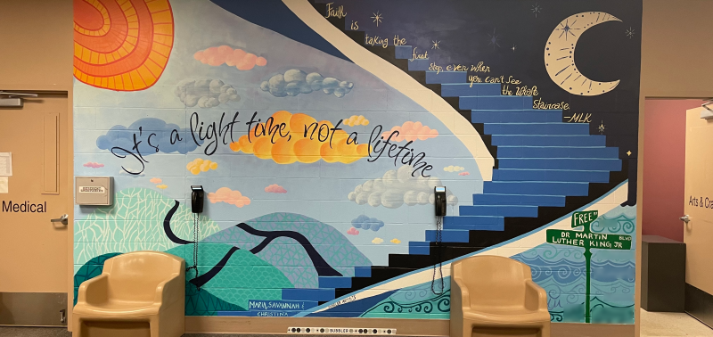 "The First Step" mural created by students at Dane County Juvenile Detention Center with artists Maria Schirmer Devitt, Savannah Starlin and Christina Theobald